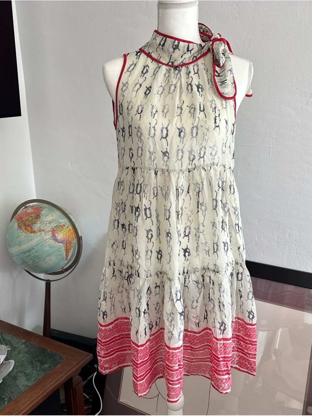 RED Valentino White Dress with Red Trim and Black Print 100% silk size 42